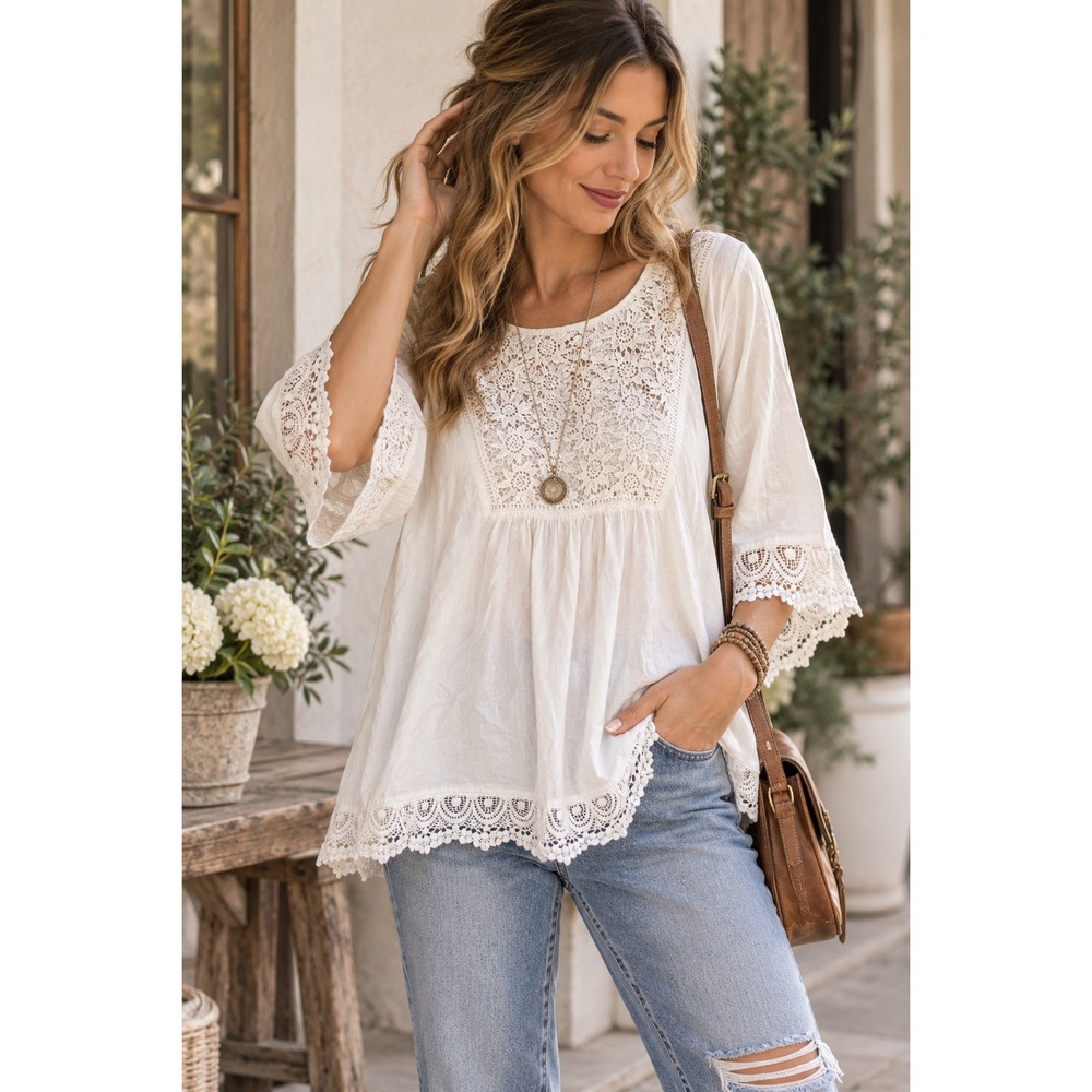 Womens White Crochet Lace Embroidered Tunic Blouse Medium Cottagecare Boho